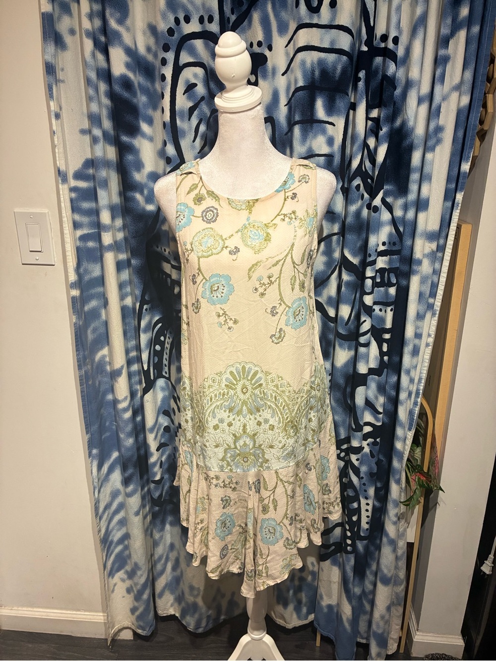 Free People Cream Floral Asymmetrical Sundress with Blue Accents